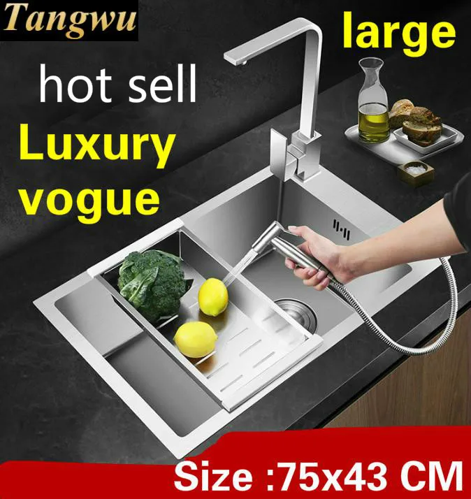 

Free shipping Apartment vogue large kitchen manual sink single trough multifunction 304 stainless steel hot sell 750x430 MM