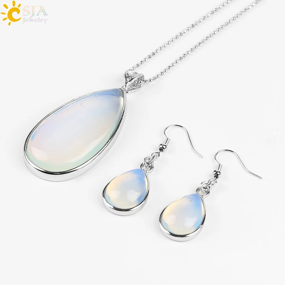 CSJA Women Boho Jewelry Sets Natural Gem Stone Water Drop Necklace Earring Set Lapis Lazuli Opal Pink Quartz Chakra Healing E567