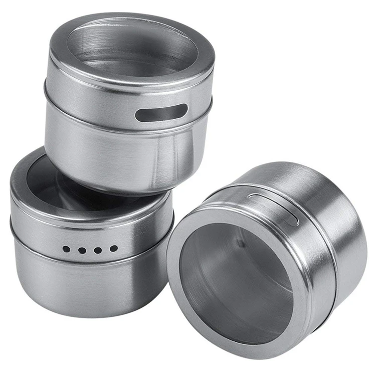 LMETJMA Magnetic Spice Jars Set With Spice Labels and Chalkboard Pen Stainless Steel Seasoning Pepper Spice Storage Jars Tins