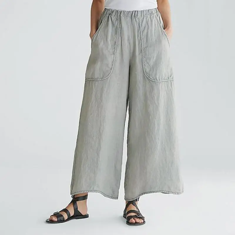 Pantalon à jambes larges pour femme, mode confortable, loisirs, décontracté, taille élastique, poches, couleur unie, jambes amples, automne 2020