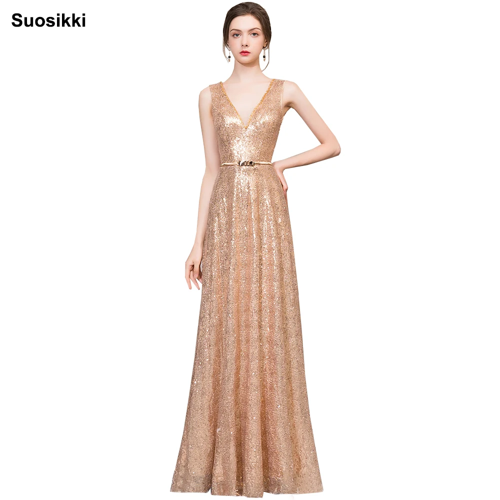 

Sexy V-neck Evening Dress Robe De Soiree 2018 High Quality Gold sequin With Applique Evening Dresses Real Photo Vestido De Festa