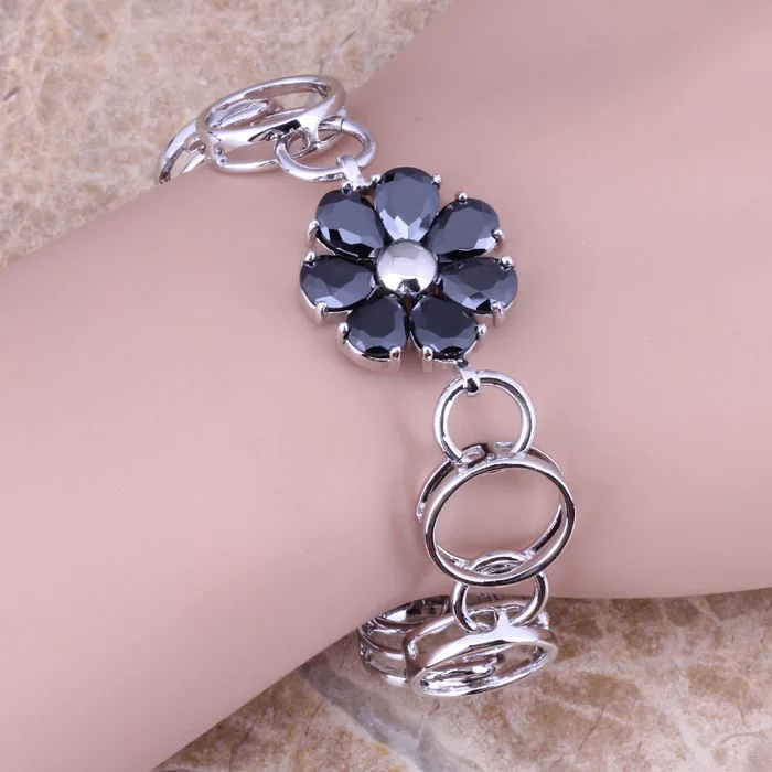 Magic Black Cubic Zirconia Silver Plated Link Chain Bracelet 7.5 inch Free Gift Bag S0675