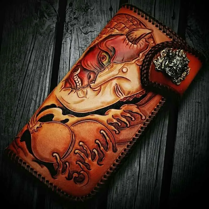 

High-grade Handmade Devil and Buddha Knitting Wallets Purses Men Long Clutch Vegetable Tanned Leather Wallet Card Holder