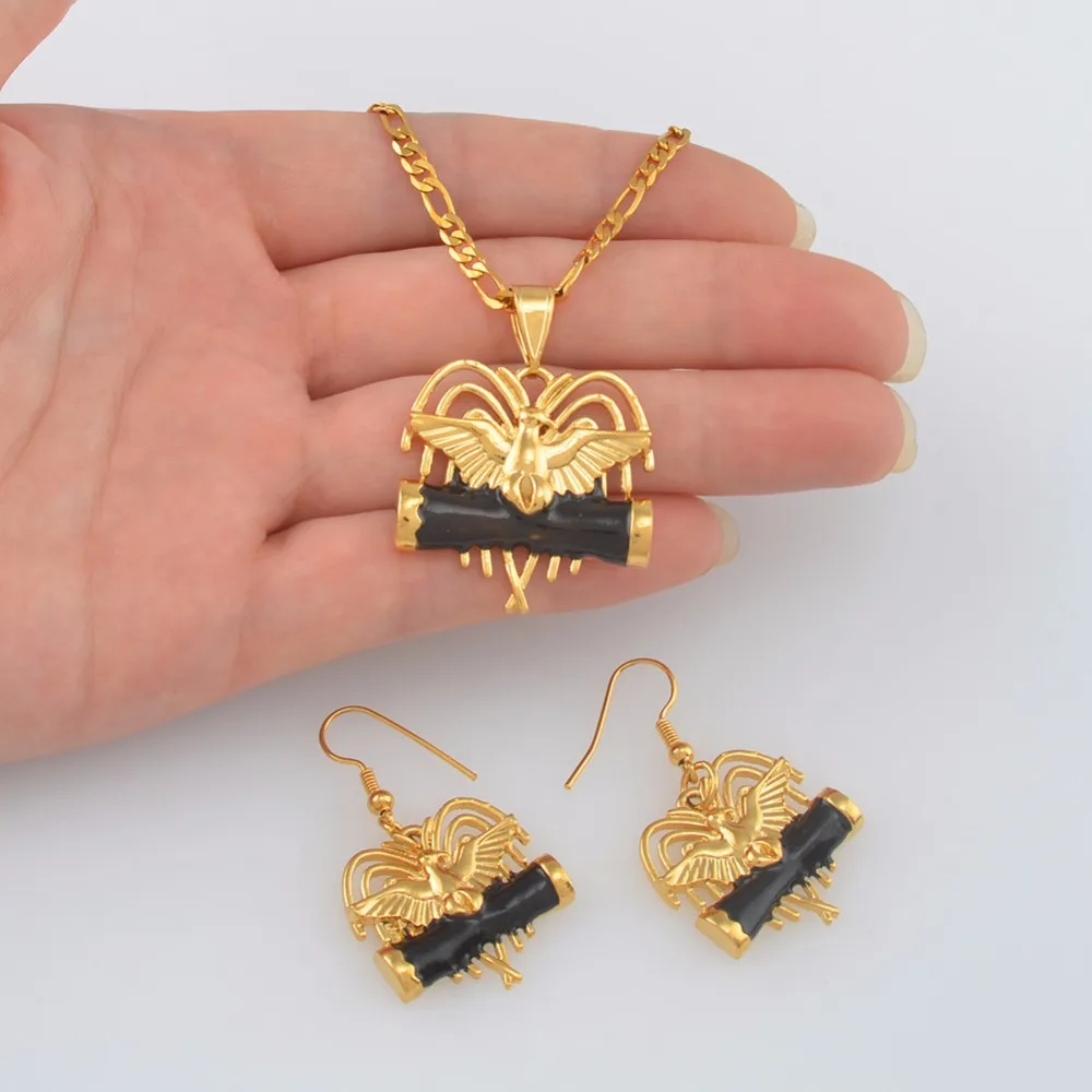 Anniyo Black Drum Bird Paradis Papua New Guinea Necklaces Earrings Ring Sets for Women PNG Wedding Jewelry Party  #139906