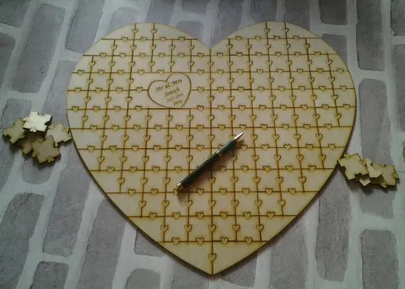 custom rustic Jigsaw Heart Shape wedding day guest books Alternative hearts Wooden guestbooks Reception party favors