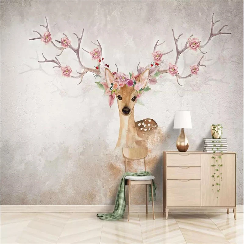 Custom wallpaper mural Nordic elegant hand-painted watercolor elk background wall oil painting elk decorative painting