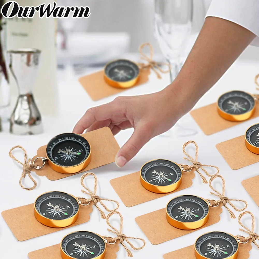 OurWarm 50Pcs Travel Themed Party Favors for Wedding Souvenirs Gold Compass with Tags Labels Birthday Wedding Gifts for Guests