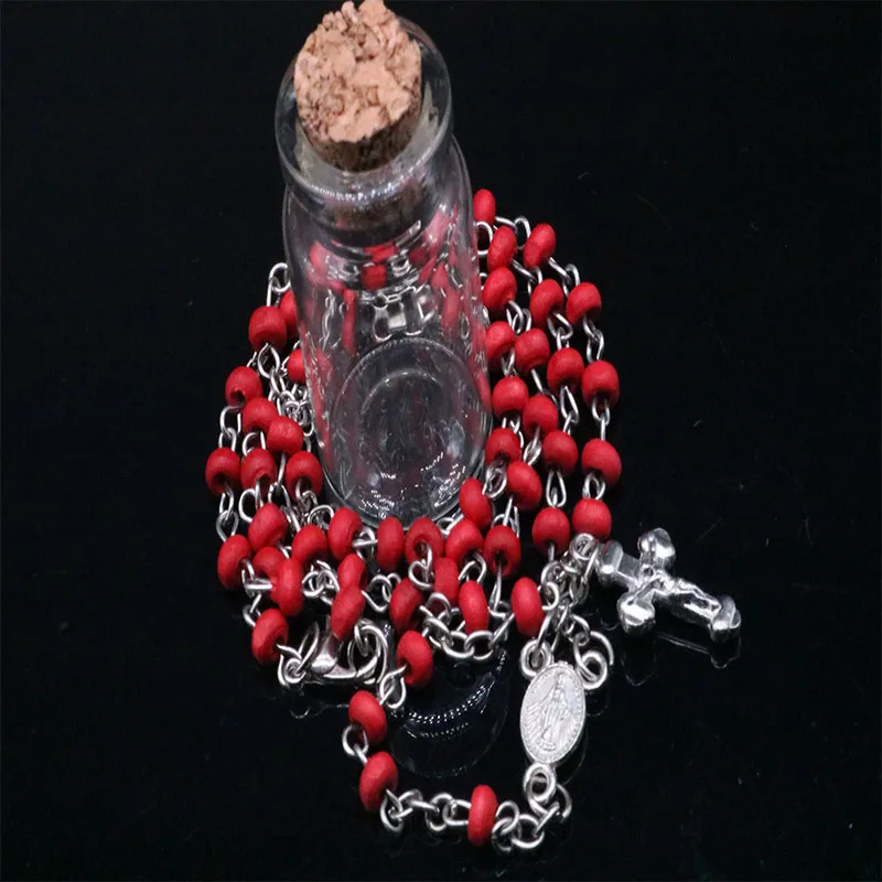 4mm Wishing Rosary Bottle Scented Wood Bead Necklace with Jesus Cross Pendant Charm for Religious Catholic Jewelry Gifts