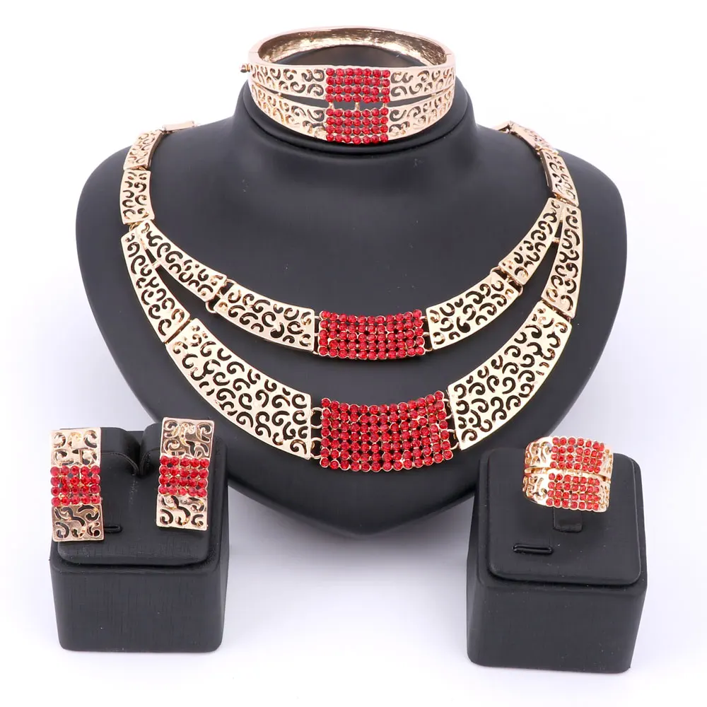 Women Dubai Gold Color Crystal Necklace Earrings Bangle Ring Jewelry Nigeria Bride Wedding Party Gifts Jewelry Set