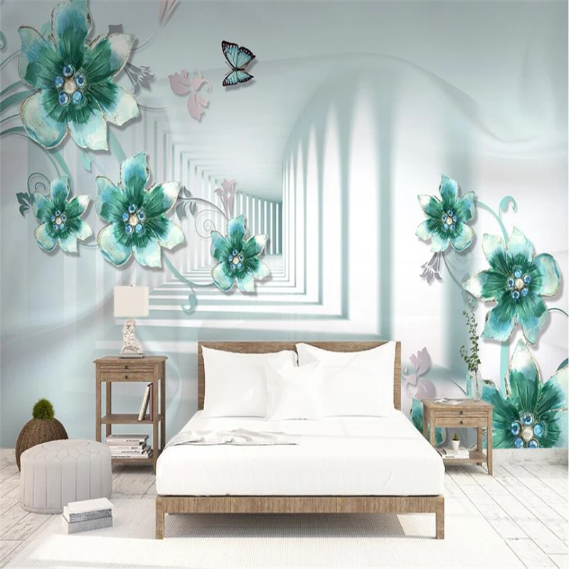 beibehang Three-dimensional flowers 3D TV sofa backdrop custom large mural green silk wallpaper papel de parede para quarto