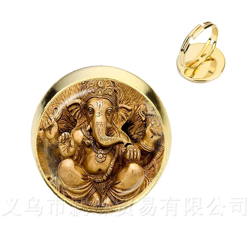 Szklane pierścionki z klejnotami czasu 16mm Ganesha Budda słoń srebrny/pozłacany regulowany pierścionek Handmand srebrny/pozłacany klasyczny