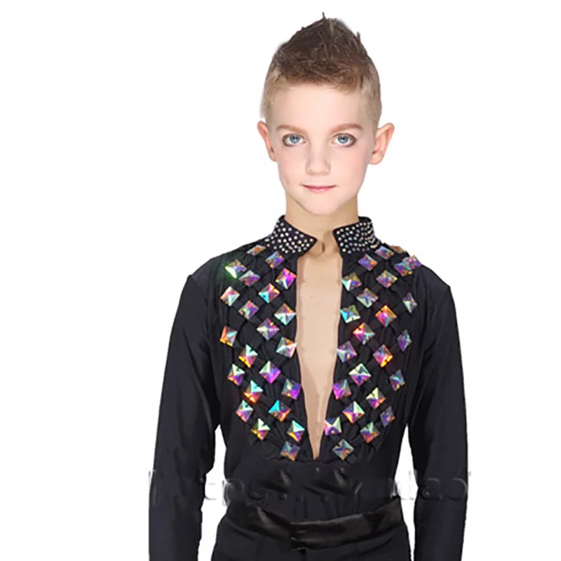 Classical Latin Dance Tops for Children Black Fabric Shirt Competitive Boy Male Ballroom Professional Stage Showing Jacket N7006