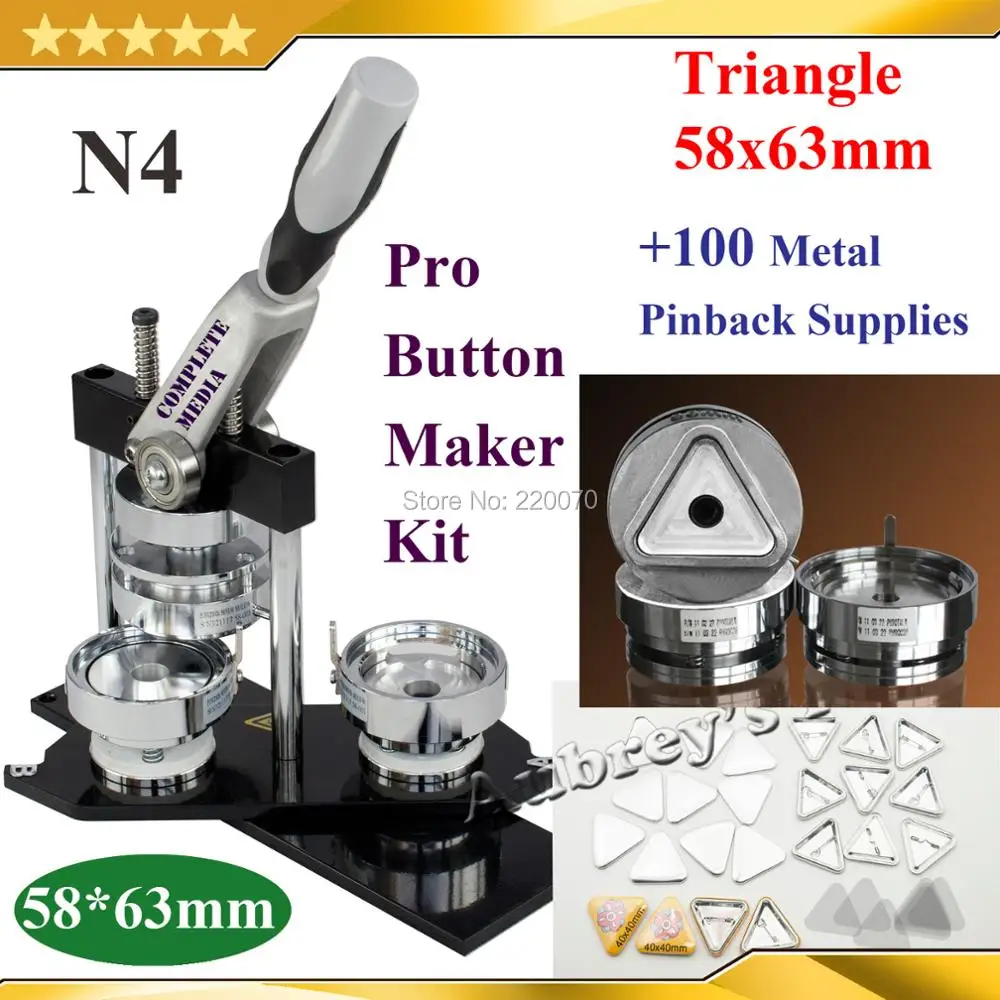 NEW Pro N4 Triangles Shape Base Width*Height 58x63mm Badge Button Maker Machine +100 Set Metal Pinback Button Supplies