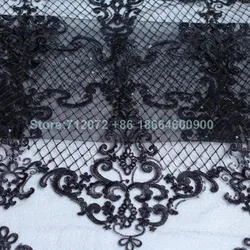 La Belleza 1 yard  Black/ivory(Off-white) robin sequins on netting embroidered wedding/ evinging/show dress france lace fabric