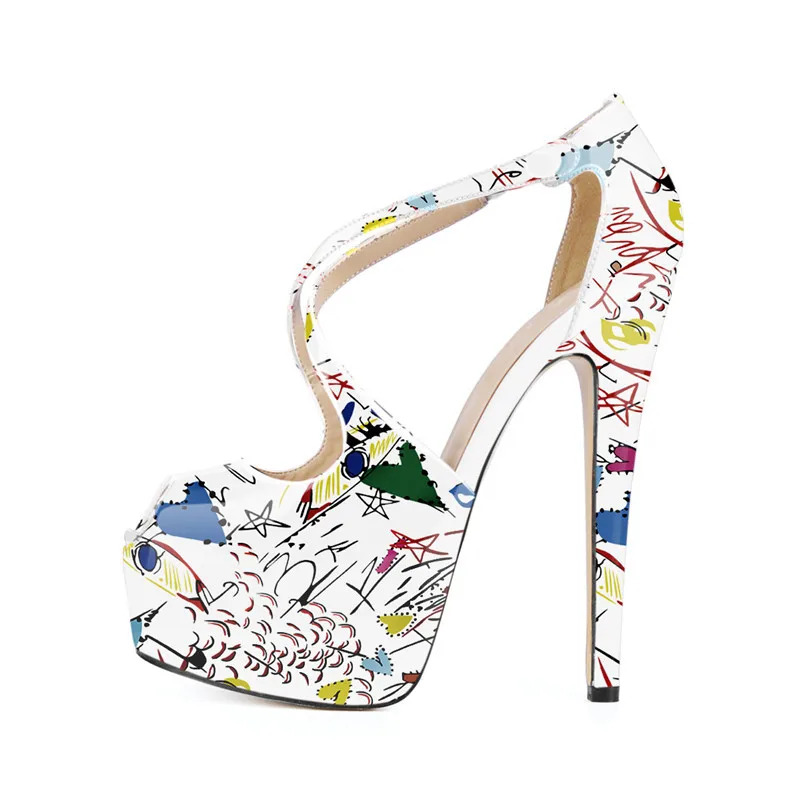 Onlymaker Women Peep Toe Platform Stiletto Pumps White  Black Graffiti Colorful Fashion Thin High Big Size Women Heels