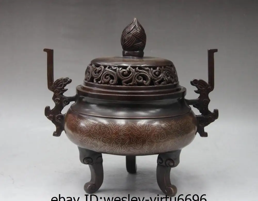 13Royal Palace Old Red Copper Inlay Silver Silk Incense burner Censer Monastery