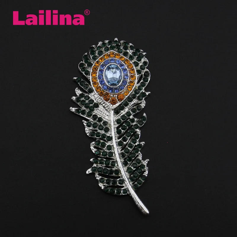 20pcs/lot New Fastion Sliver Tone Peacock Feather With Green Rhinestone Crystal Brooch Pin