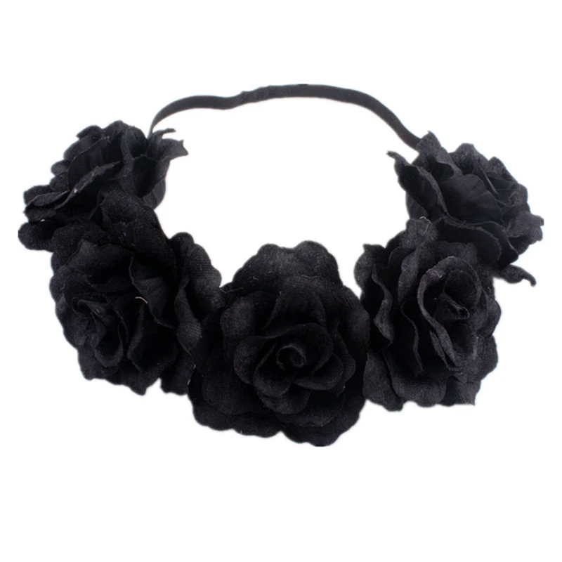 

Bride's Holiday Beach Party Headdress Flannel Rose Flower Crown Festival Headband Garland Black Wedding Floral Headpiece Wreath