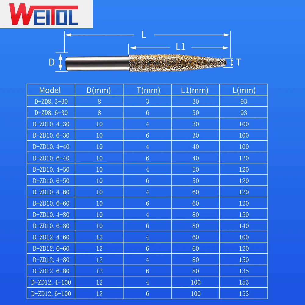 Weitol 1pcs 12mm vacuum brazed stone cutter bits taper cnc engraving tools milling cutter marble router bits