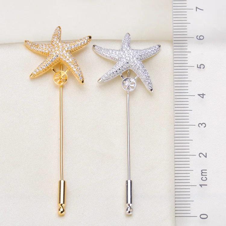 Starfish Breastpin Accessory S925 Sterling Silver Starfish Design Gold&Silver Colors Pearl Brooches Jewelry Findings 2Pcs