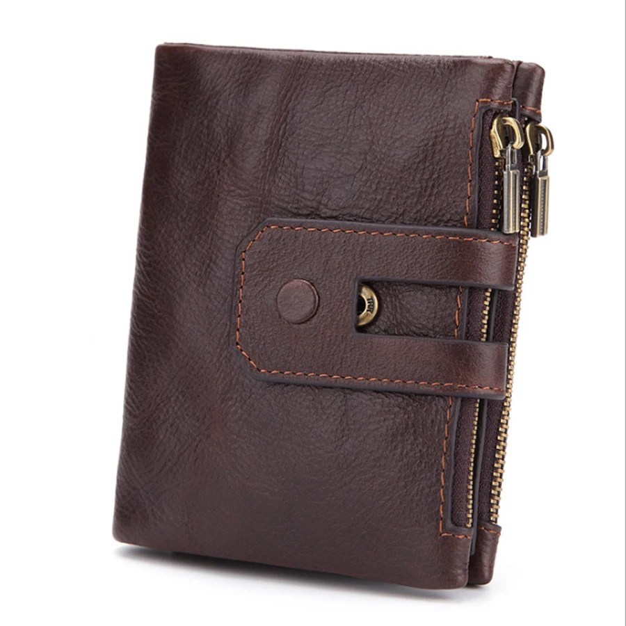 RFID double zipper seventy percent off purses men's short soft face wallet Oil and wax leather for wear resistance