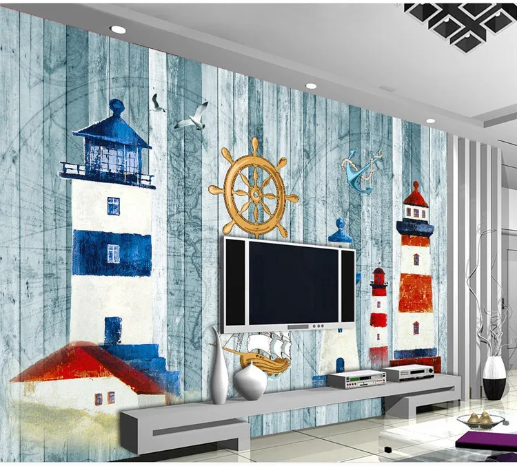 Custom Mural Mediterranean Retro Wallpaper Wood Grain Seafaring Lighthouse Bedroom Parlor Wallpaper kid's Room Map Wallcloth