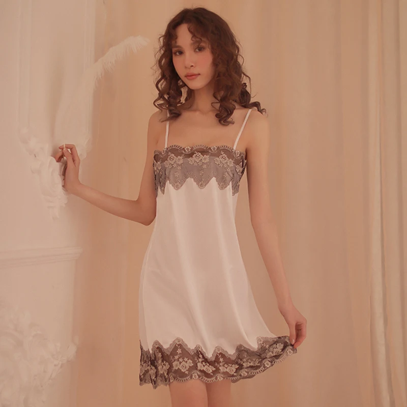 Yhotmeng new sexy woman sleepwear  strap nightdress ice silk flower halter transparent thin nightdress set