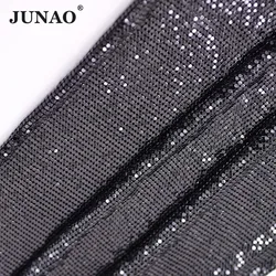 JUNAO 40*150 centimetri Nero Paillettes Maglia Strass Assetto di Alluminio Copriletto Metallo Applique In Tessuto Per Borse FAI DA TE Abbigliamento Sexy accessori