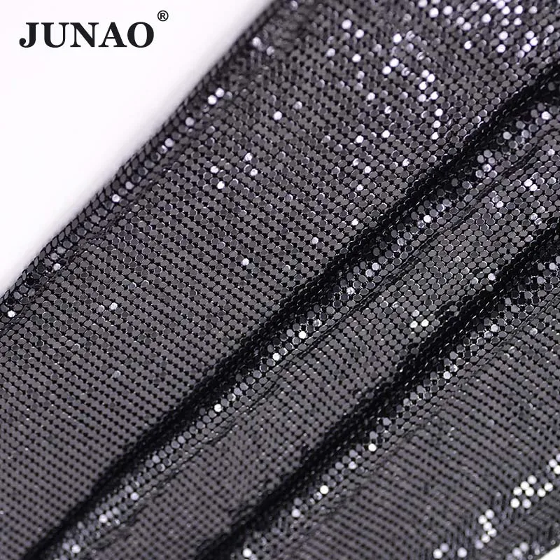 JUNAO 40*150cm Black Sequins Mesh Rhinestones Trim Aluminum Sheet Metal Fabric Applique For DIY Bags Sexy Clothing Accessories