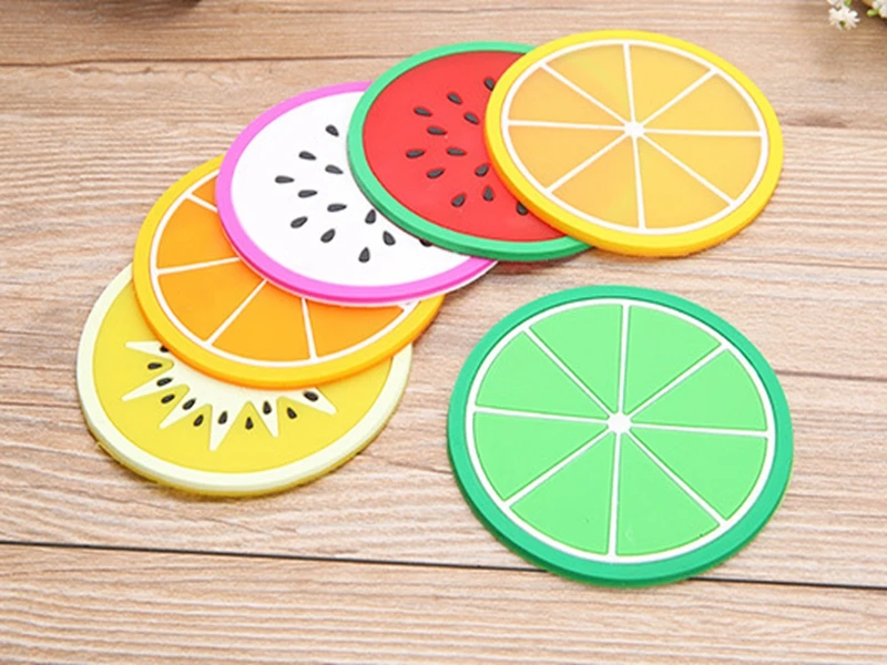 

200pcs/lot Fast shipping 9Cm Cute Fruit Coaster Colorful PVC Tea Cup Drinks Holder Mat Placemat Pads