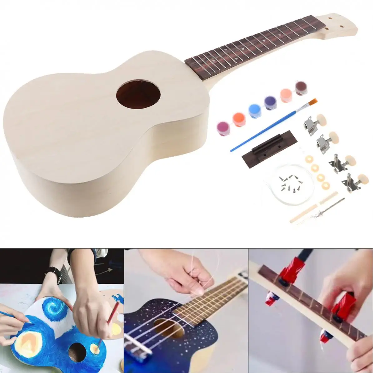 

23 Inch Ukulele DIY Kit Rosewood Fingerboard Hawaii Guitar for Handwork Painting Parents-child Campaign Perfect Gift