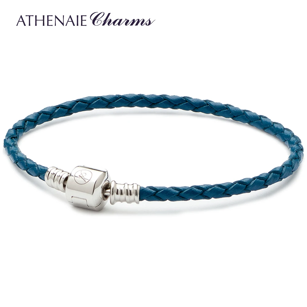 

ATHENAIE Blue Single Braided Leather 925 Sterling Silver Snap Clasp Bracelet Fits Fit All European Charm Bead