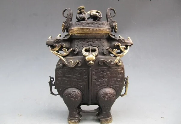 song voge gem S1260 Chinese refined craftwork Pure Bronze Ox Bull God Zun With Foo Dog Lion Censer