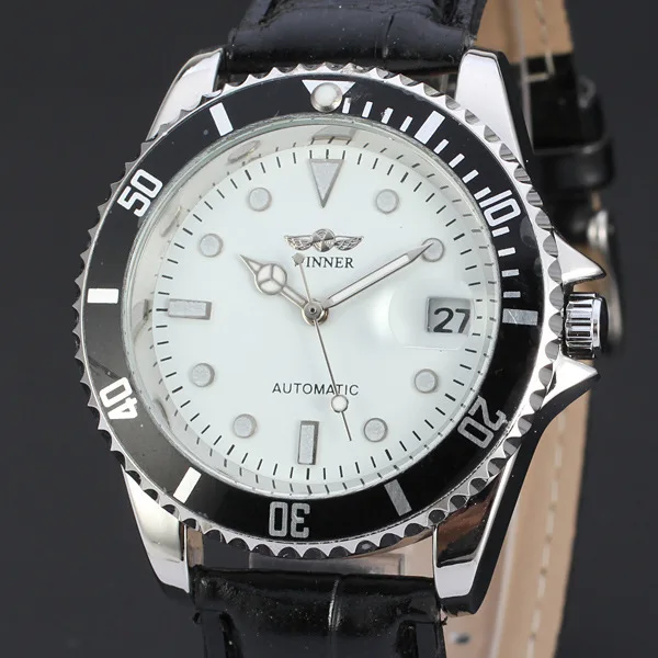 T-WINNER Round Calendar Watch Classic Diamond White Dial Stainless Steel Case Wristwatch Leather Band Mechanical Watch