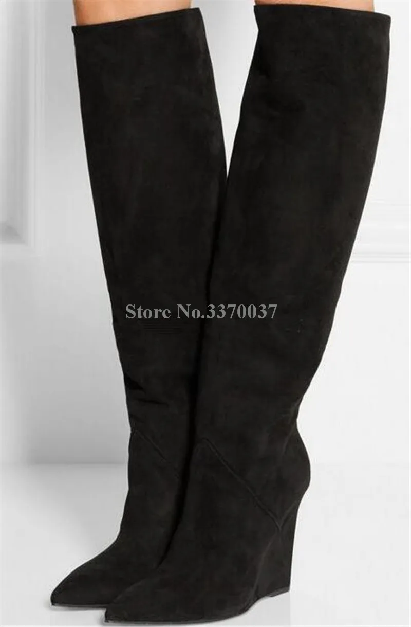 Women Fashion Design Pointed Toe Suede Leather Knee High Wedge Boots Winter Charming Super High Heel Wedge Long Boots