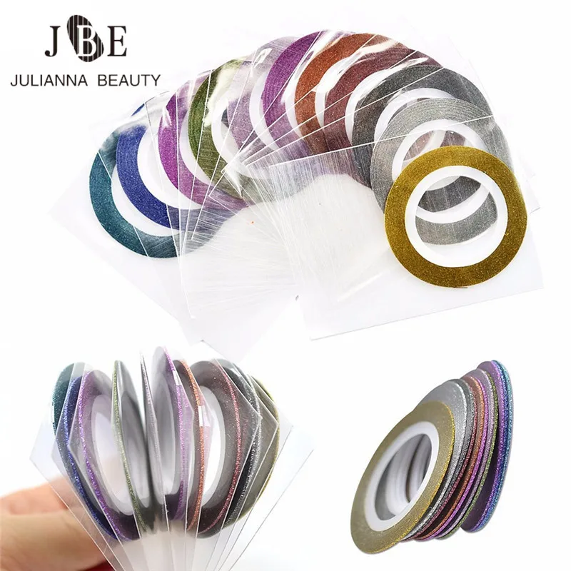 1mm/2mm/3mm Glitter Nail Art Striping Folies Shining Tape Lijn 10 Rolls Goud Zilver DIY Manicure Decoratie Nail Sticker Tool