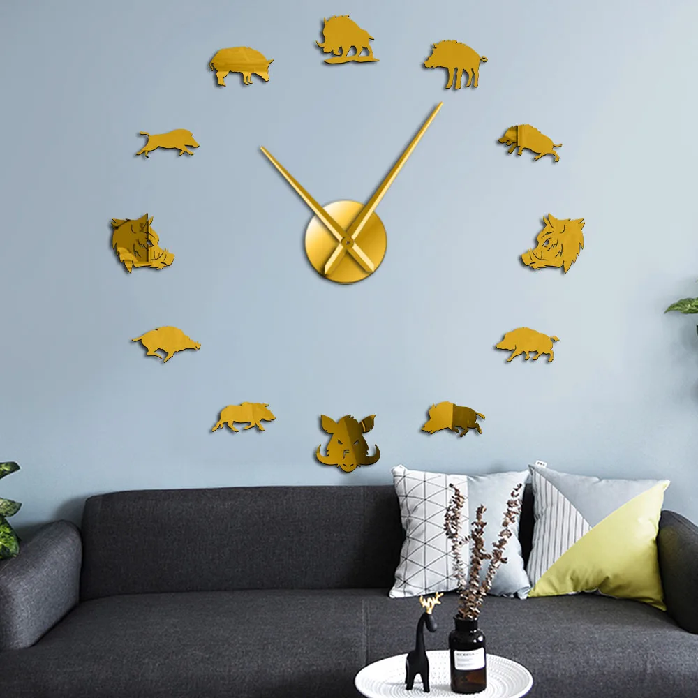 Sus Scrofa Wild Boar Figures Wall Art Mirror Stickers DIY Giant Wall Clock Wild Pig Large Hanging Clock Wall Watch Hunter Gifts