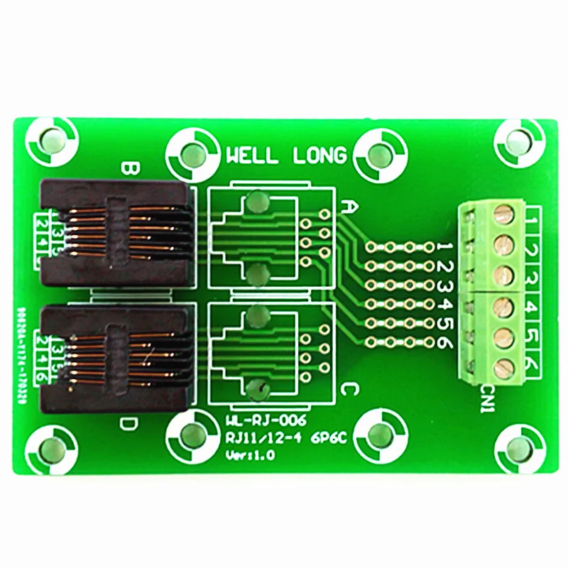 2PCS/Lot RJ11/RJ12 6P6C Right Angle Jack 2-Way Buss Breakout Board, Terminal Block, Connector.