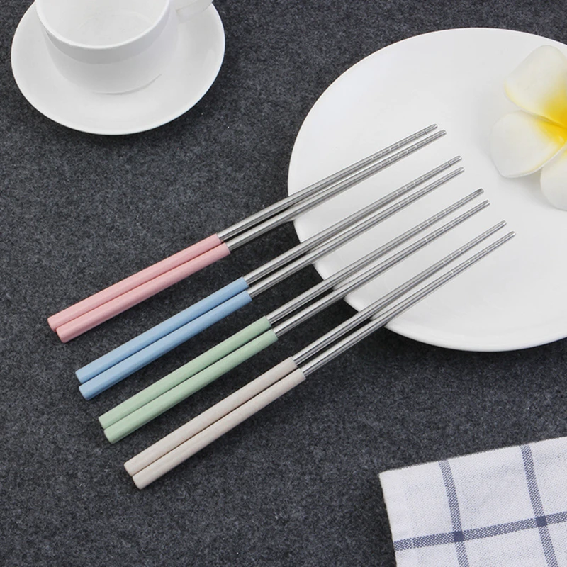 Stainless Steel Chopsticks Tongs Candy Color Sumpit Wheat Straw Mirror Polished Chinese Chopsticks Tableware Set 23cm 2pairs/Set