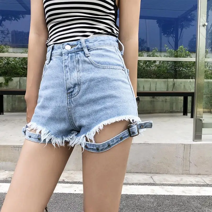 Tassel with bandage denim shorts female high waist hollow cut hole denim shorts strap street style hot shorts wq1609 dropship