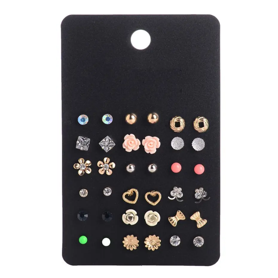 Hot Sale Cute Heart Earring Pack Sets Super Value 18 Pairs Round Square Ball Crystal Stud Earrings for Women brincos Friend Gift