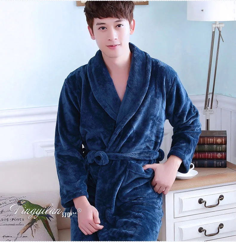 Pajamas Men\'s Thickened Flannel Male Winter Long Sleeved Bathing Nightgowns Women\'s Coral Fleece Adult Warm Homewear D-2097