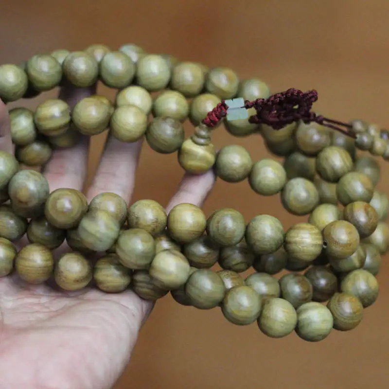 BRO990 Natural Green Sandalwood Beads Necklace 10mm 108 Beads Buddhist Meditation Prayer Malas Fragrant Verawood for Man