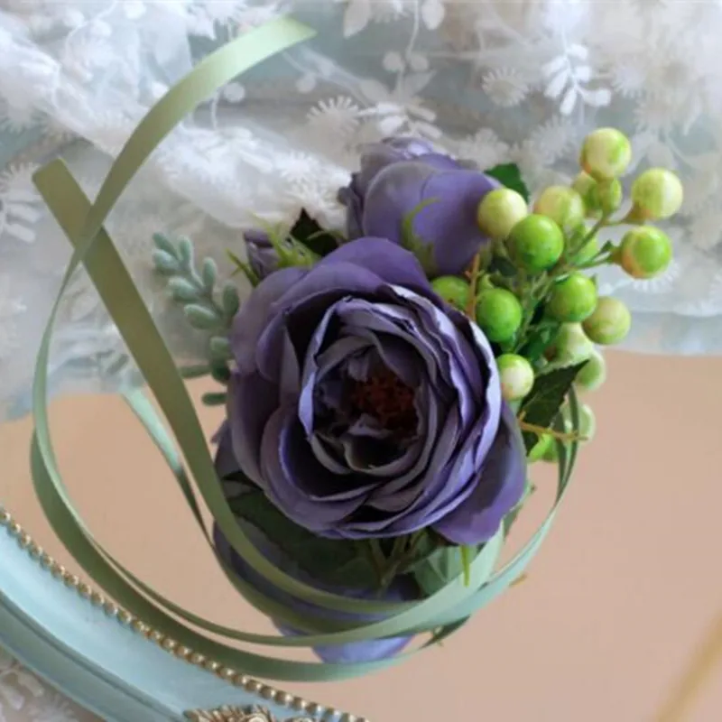 

10pcs/lot purple peony bride wrist flower Bridesmaid Corsages with flower