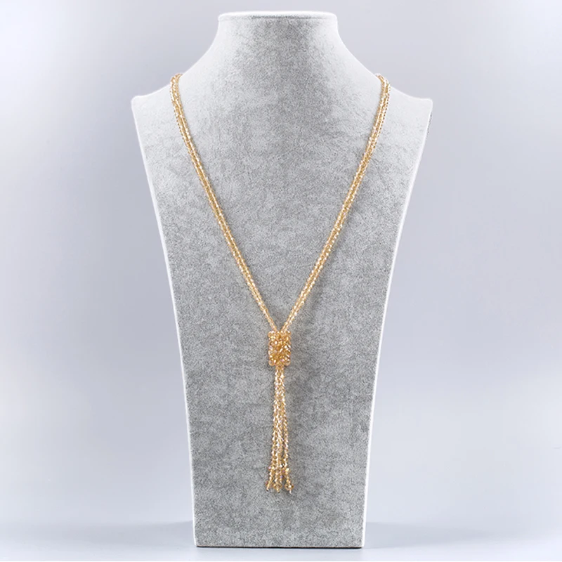 INKDEW Strand Beads Necklace Multicolor Handmade Threading Crystal Long Necklace With Tassel Sweater Chain for Women Gift NE001