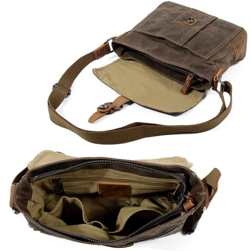 Imagem -05 - Bolsas Mensageiro Vintage para Homens Bolsa de Ombro de Couro de Lona Casual Multifunções Masculino Pequeno Portátil Impermeável Crossbody Bag