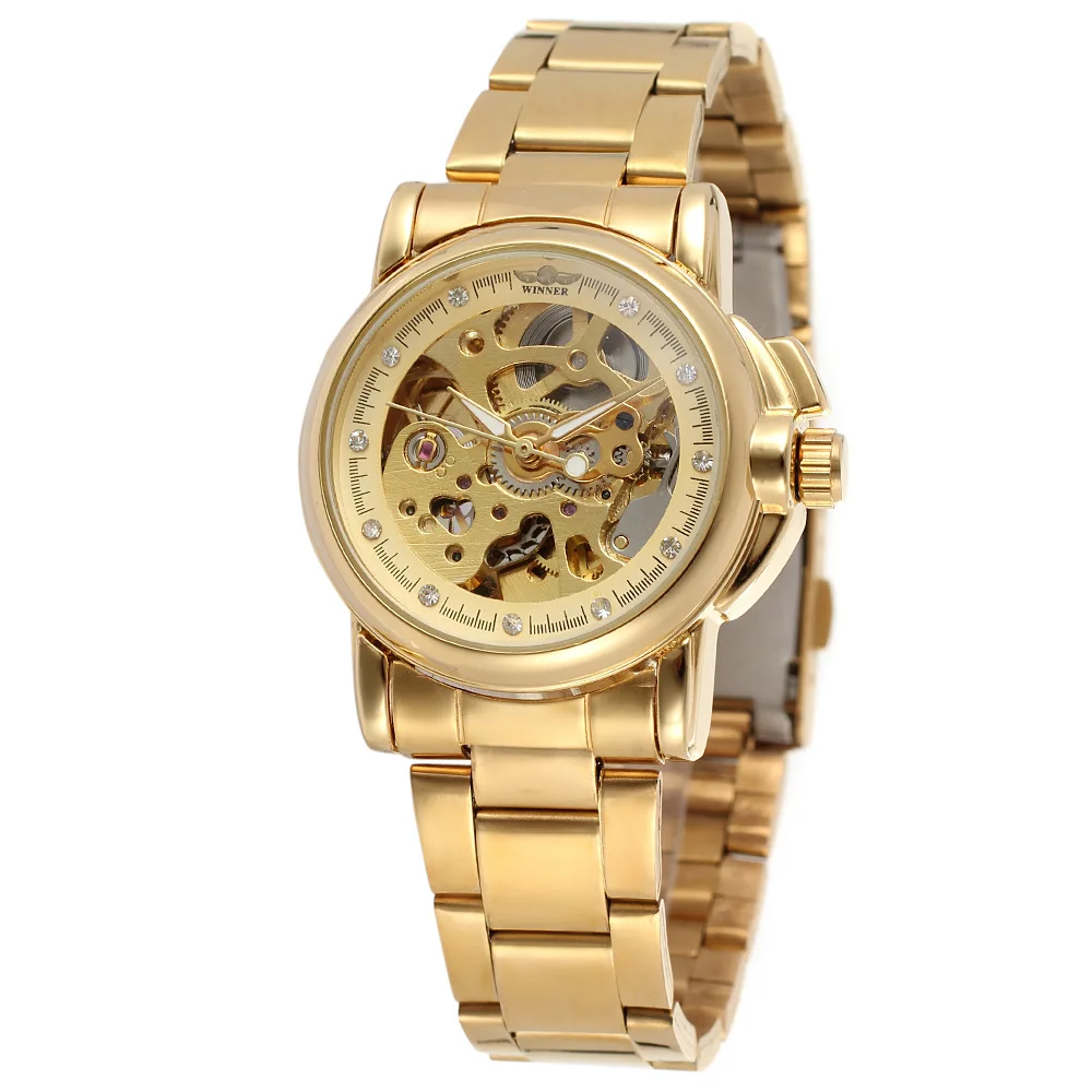 Relojes mecánicos automáticos dorados de lujo para mujer, reloj de acero inoxidable a la moda para mujer, reloj esqueleto hueco de cristal Saati