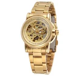 Luxo ouro feminino relógios mecânicos automáticos moda feminina relógio de aço inoxidável senhoras cristal oco esqueleto relógio saati