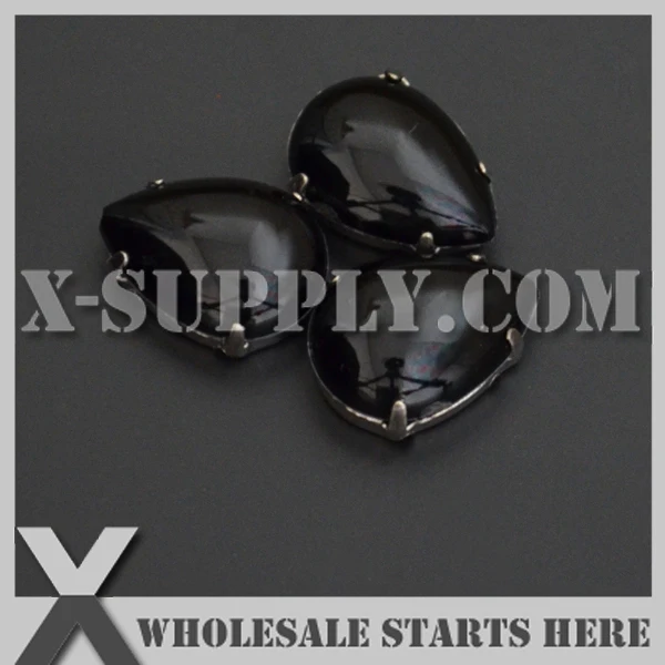 

10x14mm Mounted Tear Drop Cabochon #1 Black Acrylic Rhinestone Gems in Silver Nickel Sew on Setting for Shoe,Garment