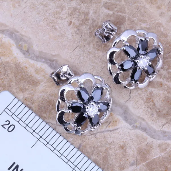 Sparkly Black Cubic Zirconia Silver Plated Jewelry Sets Earrings Pendant Ring Size 5 / 6 / 7 / 8 / 9 / 10 S0134